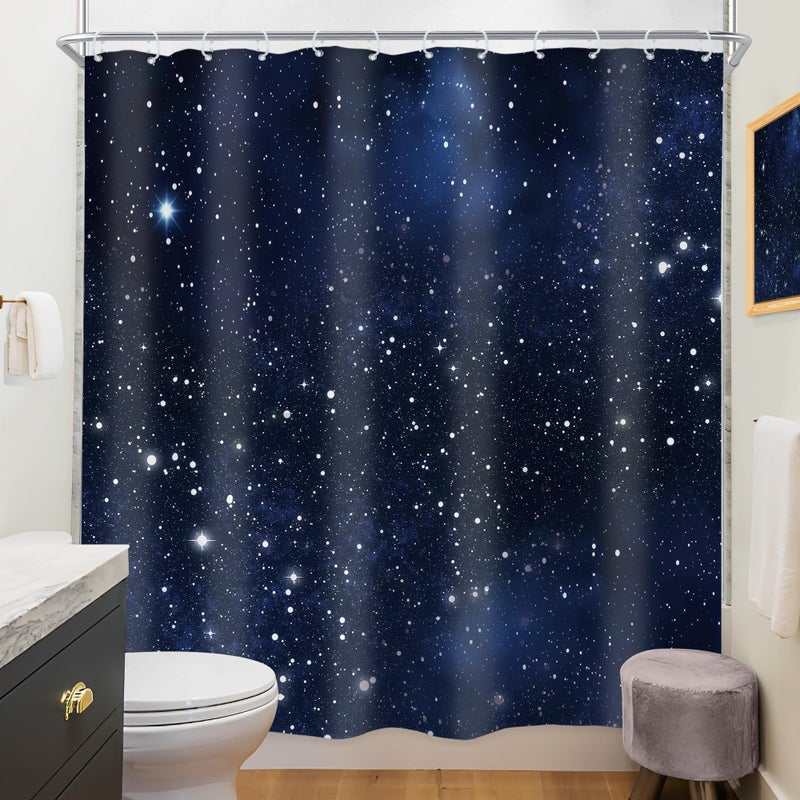 Riyidecor Night Sky Space Shower Curtain (No Glitter) Star Bathroom Decor 72Wx72H Inch Galaxy Starry Dark Blue Cosmic Fantasy Universe Nebula Outer Space Fabric Waterproof 12 Plastic Hooks - Image 3